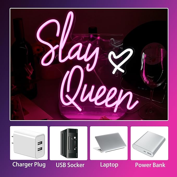 Slay Queen Neon Sign Pink Led Neon Signs Girls Bedroom Neon Lights For Wall Decor Dimmable Light Up Sign For Bar Party Preppy Room Y2k Club Decoration Teen Gifts (15.7 * 12.6in)