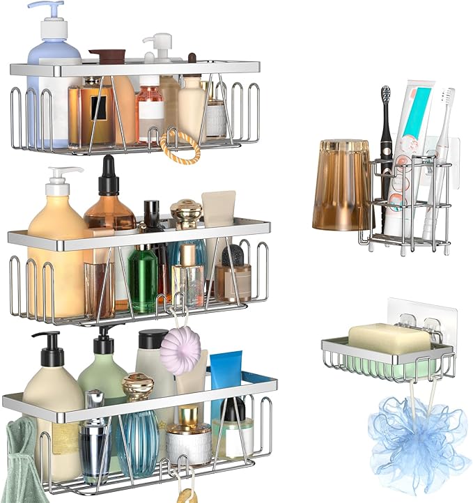 STEUGO Adhesive Shower Shelf, 5 Pack Shower Caddy with Soap Holder and Toothbrush Holder, Drill-Free Shower Shelves, Rustproof Stainless Steel Bathroom Shower Caddy,Silver