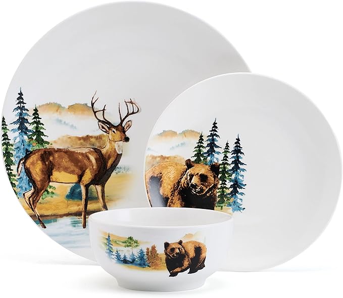 Studio Nova Woodland Animals Lodge 12 Piece Dinnerware Set, Service for 4, White