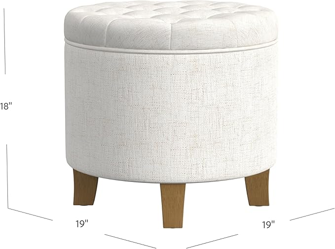 HomePop Home Decor | Upholstered Round Tufted Foot Rest Ottoman | Ottoman with Storage for Living Room & Bedroom | Decorative Home Furniture, Cream Textured Solid