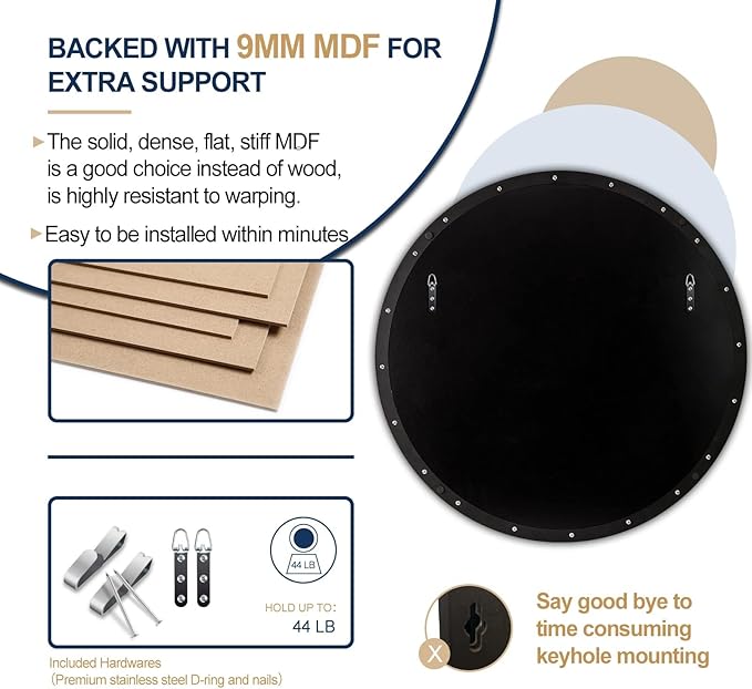 ANDY STAR Round Wall Mirror for Bathroom, 30 Inch Black Circle Mirror Modern Premium Stainless Steel Metal Frame Wall Mounted for Bathroom, Entryway, Vanity, Living Room, Bedroom