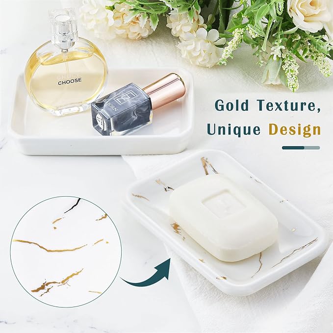 Shinowa Ceramic Soap Dish,Double Soap Holder with Drain,Porcelain Self Draining Soap Dish,Bar Soap Holder for Shower Bathroom Kitchen,Keeps Soap Dry,Easy Cleaning, White