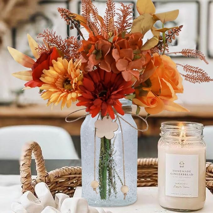 Silk Flowers with Vase, Artificial Flowers Arrangement with Glass Vase Faux Rose Daisy for Decoration Table Centerpiece (Daisy Orange)