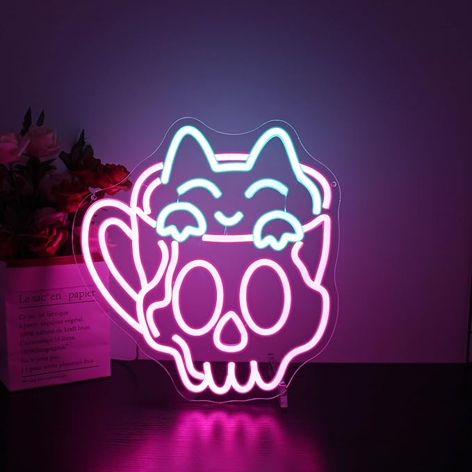 Neon Sign, HSJNJKFU Cat Coffee Cup Neon Signs for Wall Decor LED Sign for Room Cafe Home Party Birthday Bar Beer Signs - USB Powered.