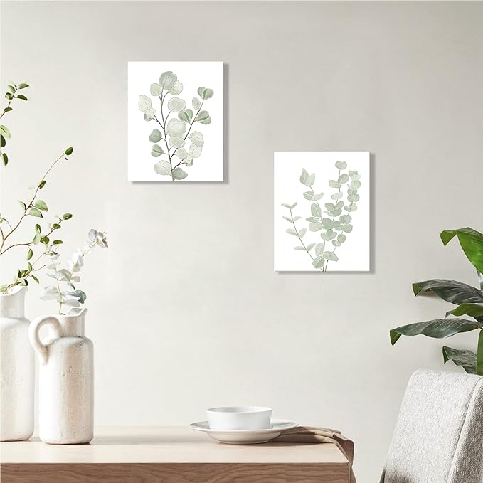 FRAMED Botanical Plant Canvas Wall Art,Boho Plant Wall Decor for Bedroom,Minimalist Floral Prints for Living Room,Light Green Botanical Art Painting for Office,Set of 4,8”x 10”