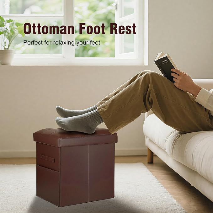 Ottoman with Storage, Folding Foot Rest Stool with Thicker Foam Padded Seat. Slim Tall Storage Ottoman Furniture with Handles & Side Pocket for Living Room Bedroom 350 lbs, 17x13x17in, Light Brown