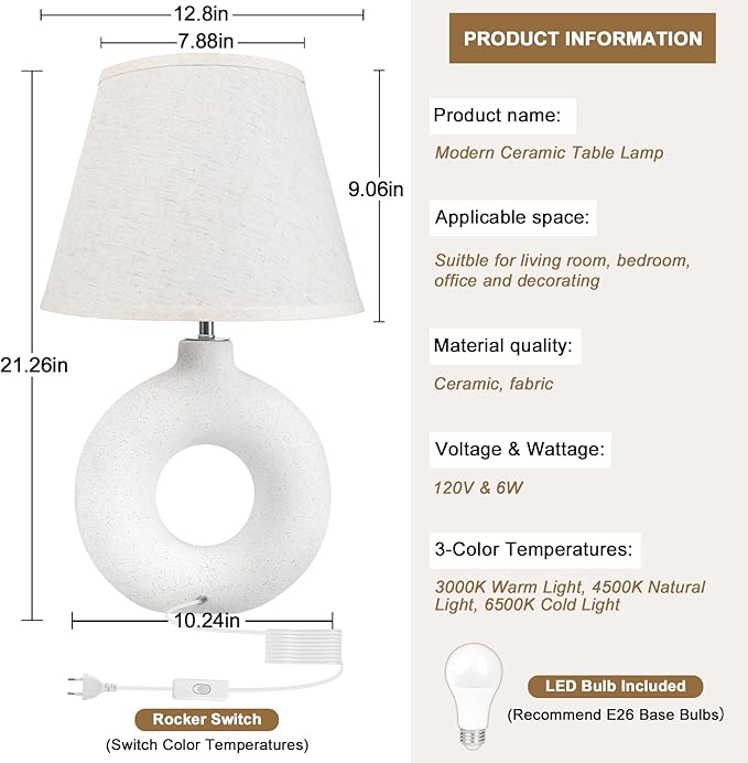 Boho Table Lamp for Living Room Bedroom, 21" Modern Ceramic Bedside Lamps 3 Color Temperature Farmhouse Rustic White Table Lights for Night Stands, Dorm, Office, Home Décor (Bulb Included)
