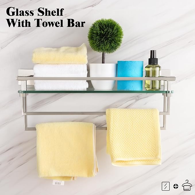 Bathroom Shelves Glass Shelf with Bar 20 Inch Floating Tempered Glass Shelf with 2 Towel Rails for Modern Shower Bath Storage Glass Rack Wall Mounted Stainless Steel Brushed Nickel,A7617BN