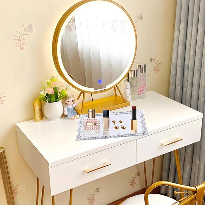 Mirrored Vanity Tray, Crushed Diamond Filled Crystal Glass Cosmetic Makeup Tray, Sparkle Perfume Jewelry Trinket Countertop Decorative Tray, for Home Party Hotel Dresser Bathroom Bedroom, Silver