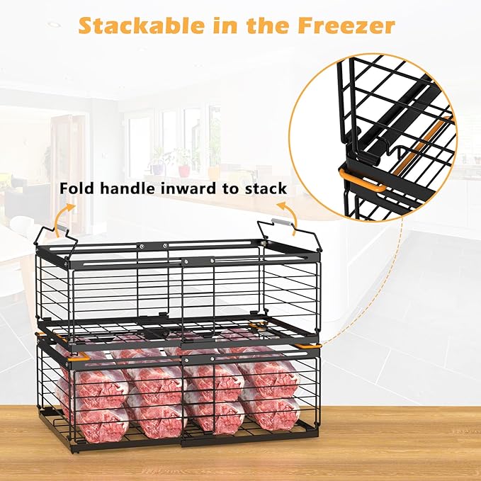 NADAMOO Freezer Organizer Bins, 2 Pack Large Expandable Stackable Chest Freezer Containers with Handle, Metal Adjustable Storage Baskets for Fridge, Deep Freezer, Cabinet, Kitchen, Pantry - Black
