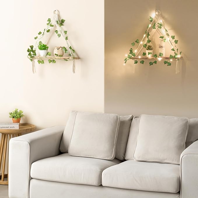 Mkono Artificial Ivy Macrame Hanging Shelves with Lights Set of 2 Boho Wall Decor Display Plants Photos Wood Floating Storage Shelf for Bedroom Bathroom Living Room Nursery Dorm Kitchen, White