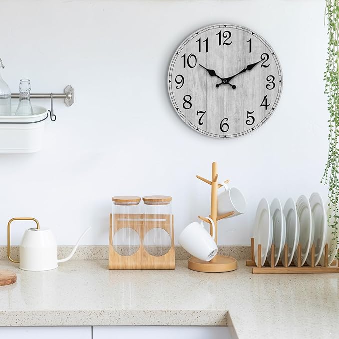 HYLANDA Wall Clock, 10 Inch Wall Clocks Battery Operated Silent Non Ticking, Country Wooden Clocks Farmhous Clock for Bathroom, Living Room, Kitchen, Bedrooms (Gray)