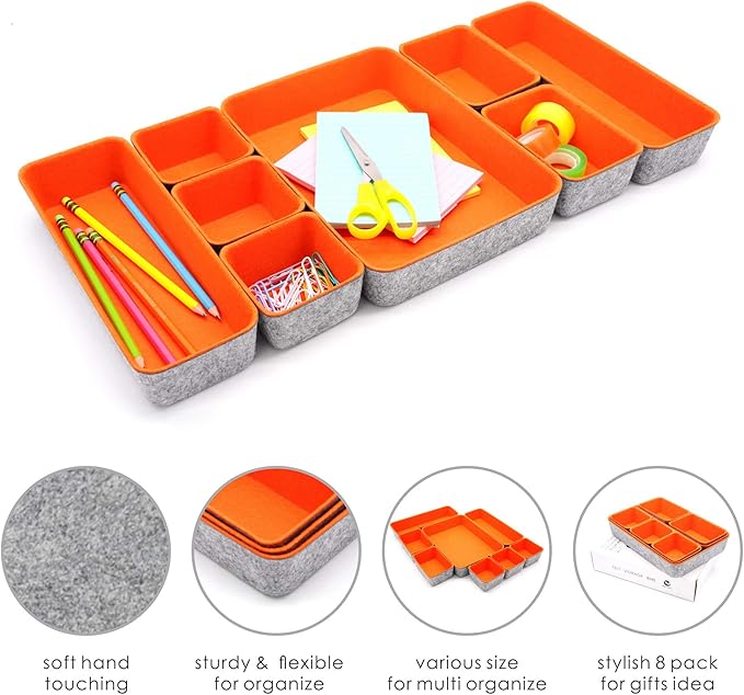 Welaxy desk drawer organizers bin trays dividers small shallow felt storage box soft sturdy office suppliers closet cabinet makeup crafts pens 8-piece back to school (Orange)
