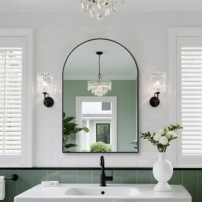 Black Arched Bathroom Mirror 24"X36" Black Arched Mirror Wall Mounted Mirror Modern Farmhouse Mirror Vanity Curved Arch Hanging Mirror Frosted Metal Frame for Bedroom Living Room DéCor
