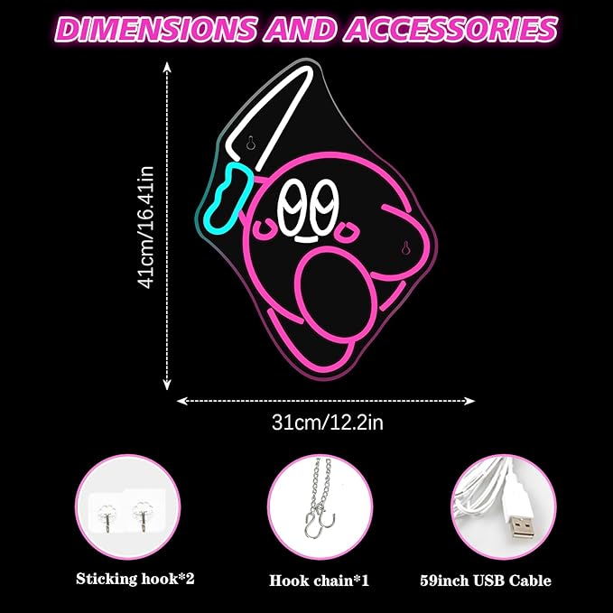 Kirbee Knife Neon Sign Dimmable Cute Animal Led Signs for Wall Decor LED USB Gaming Neon Light Sign for Boys Bedroom Game Room Decoration Gamer Fans Birthday Gifts