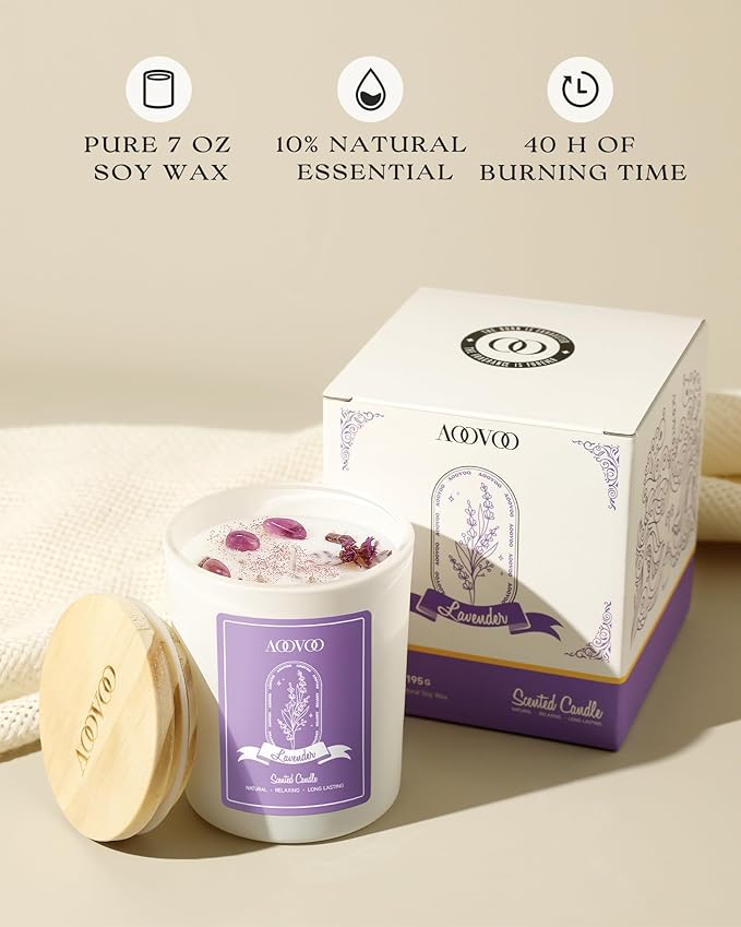 AOOVOO Lavender Scented Candles for Women - Aromatherapy Candle with Crystals Inside, 7oz Soy Candles for Home Scented, Birthday Gifts Mothers Day Candle for Women Mom