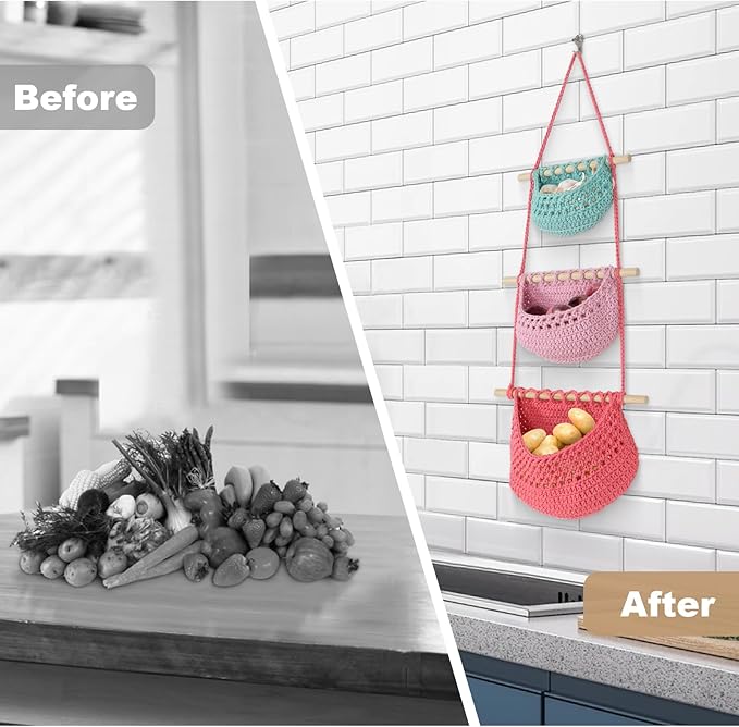 Hanging Baskets for Organizing, 3 Tier Detachable Wall Hanging Fruit Basket Over the Door Organizer for Vegetable Plant, Blue Pink Boho Cotton Crocheted Fruit Holder for Kitchen Bathroom Bedroom