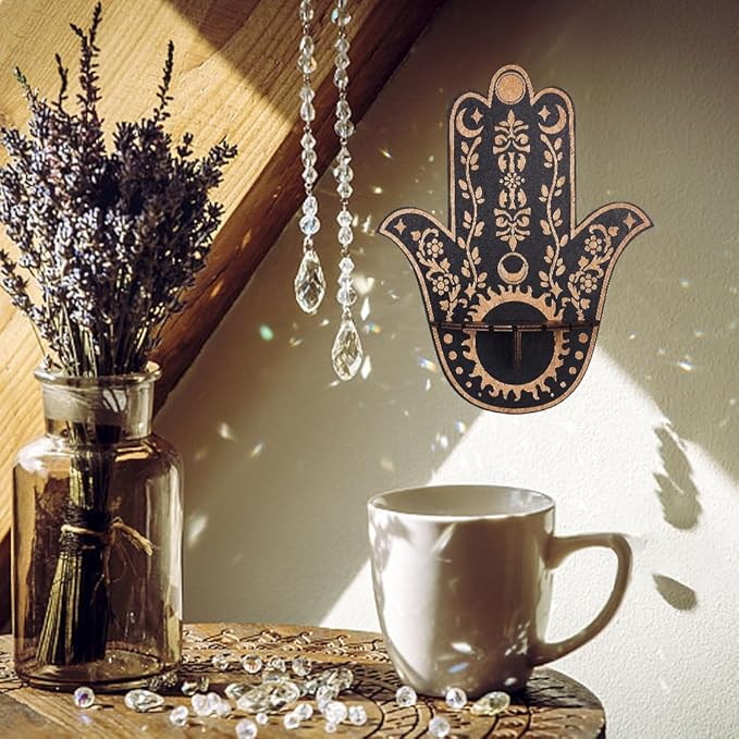 CREATCABIN Hamsa Crystal Display Shelf Wooden Moon Sun Crystal Holder Shelves Hamsa Hand Wall Decor Mounted Floating Shelf Stand Organizer for Witch Stuff Altar Spiritual Gift Black 9.8 x 11.8Inch