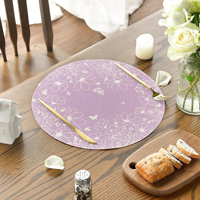 Artoid Mode Purple Flowers Floral Butterflies Spring Round Placemats Set of 4, 14 Inch Seasonal Round Table Mats for Dining Decoration