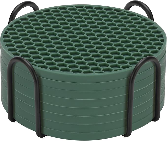 Silicone Coasters Set of 8 with Holder,Coasters for Drinks,Beer,Coffee Coasters,Suitable for Kinds Cups,Hot or Cold,Anti-SLI,Non-Stick,Anti-Overflow Tabletop Protection and Decor (8 Pcs, Green)