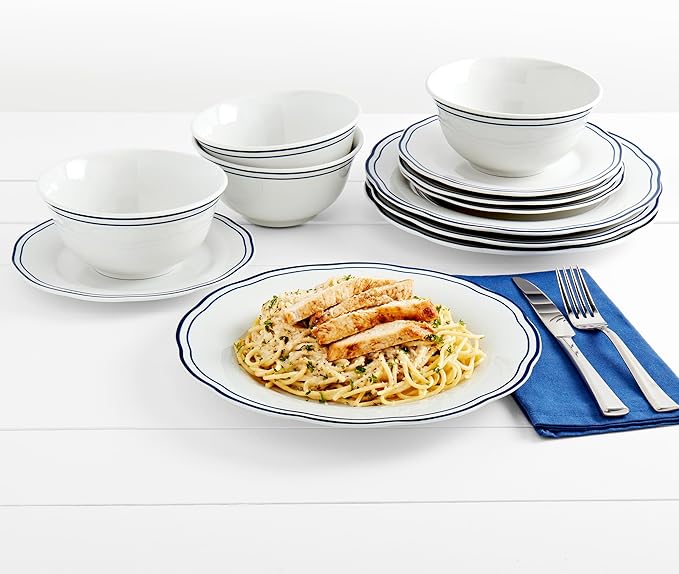 Tabletops Gallery 12-Piece White with Blue Striped Ceramic Dinnerware Set of Kitchen Dishes, Scalloped Dinner Salad Plates Cereal Bowls, Service for 4, Vintage Stripe
