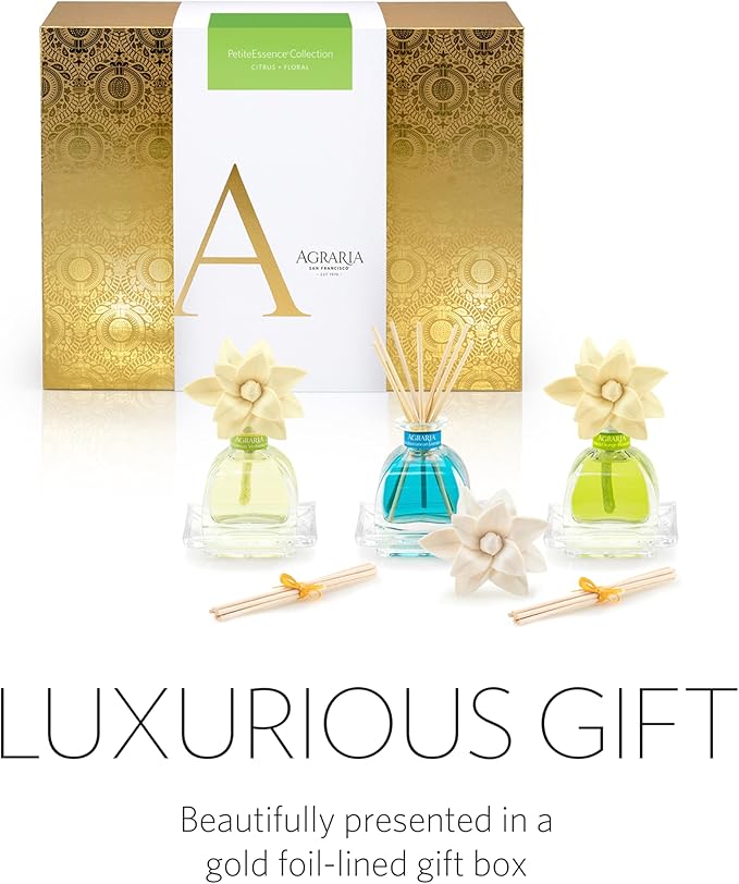 Agraria Citrus & Floral PetiteEssence Collection, Handmade Sola Flower Reed Diffuser Set of 3, 1.7 oz Each, Scented Oil Diffuser Gift Set for Home