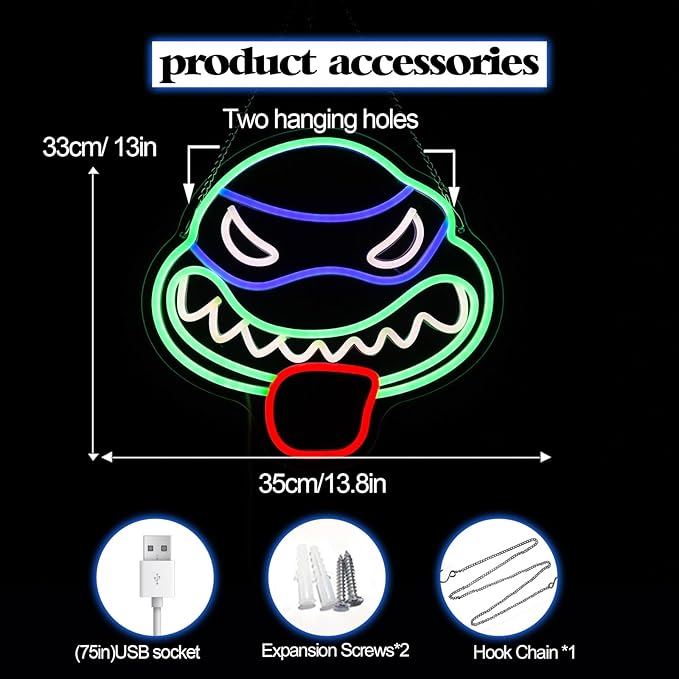 Anime Turtles Neon Wall Light -13.8 * 13in USB-Powered LED Decor for Bedroom, Gaming Room, or Hero-Themed Birthday Party