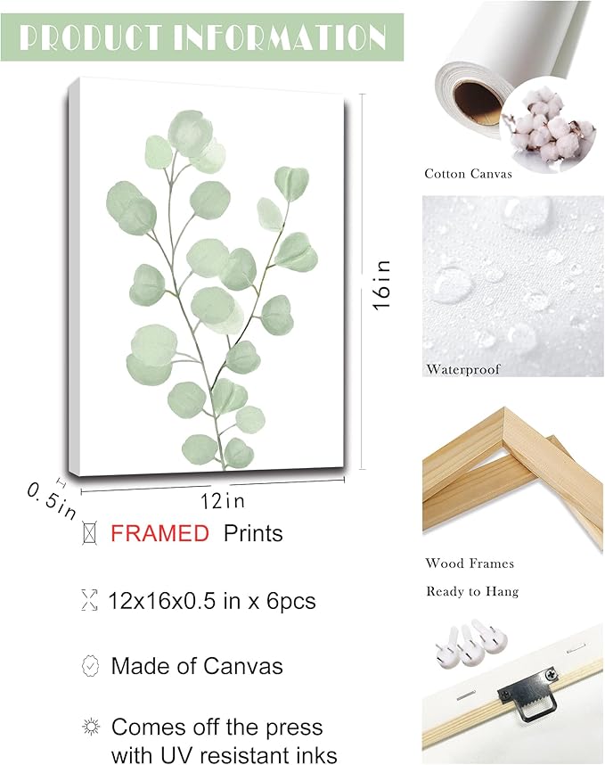 ๐๐ฟ๐๐ผ๐๐บ Botanical Eucalyptus Canvas ๐๐ฟ๐ฎ๐บ๐ฒ๐ฑ Wall Art 12โx 16โ Large Boho Plant Wall Decor for Bedroom Minimalist Prints for Living Room Light Green Botanical Art Painting for Office Eucalyptus Leaf