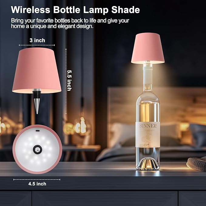 Wine Bottle Lamp, 2025 New 3 Color Rechargeable Wireless Bottle Lamp for Liquor Bottles with Touch Dimming for Parties, Restaurants & Home Decor (Pink)