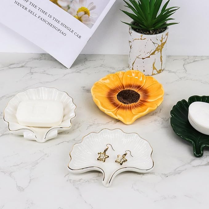 Ginkgo Leaf Style Ceramic Self Draining Soap Dish Waterfall Soap Dish Soap Savers for Bathroom,Shower,Bar Counter