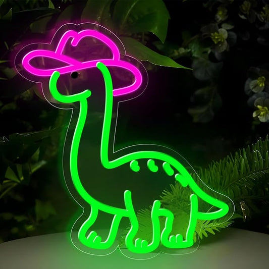 Cowgirl Dinosaur Neon Sign for Wall Decor,Dimmable Cute Dinosaur with Cowboy Hat Neon Light,Green Animal Light Up Signs for Kids Bedroom Dinosuar Theme Party Background Decoration