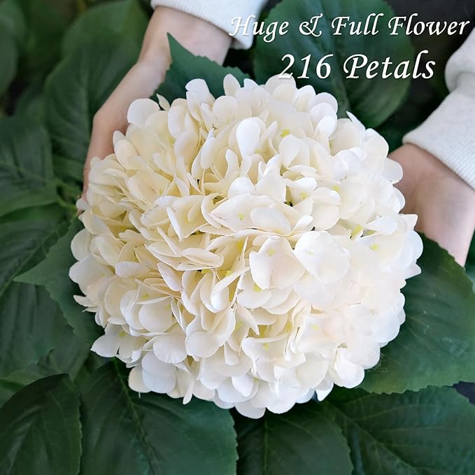 Boho Silk Hydrangea Artificial Flowers, 4Pcs 22" Large Lifelike Flowers,Artificial Hydrangeas for Indoor Bouquet Table Centerpieces Home(Cream/Yellow)