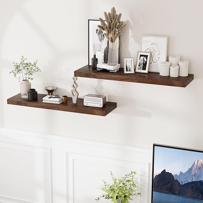 Fun Memories 9.3 Inch Deep Floating Shelves, 36" x 9.3" Rustic Wood Wall Shelves 36 Inch Long, Large Wall Shelves for Book, Living Room, Bedroom, 36" W x 9.3" D x 1.5" H, Walnut Color, Set of 2