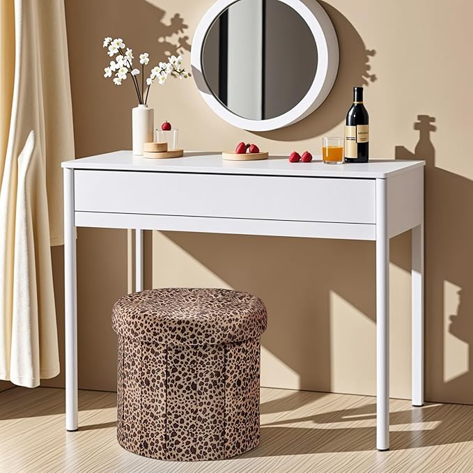 Storage Ottoman, Folding Foot Stool with Thicker Foam Padded Seat Small Velvet Storage Ottoman Foot Rest for Living Room Foldable Coffee Table 14x14x13in, Leopard Print