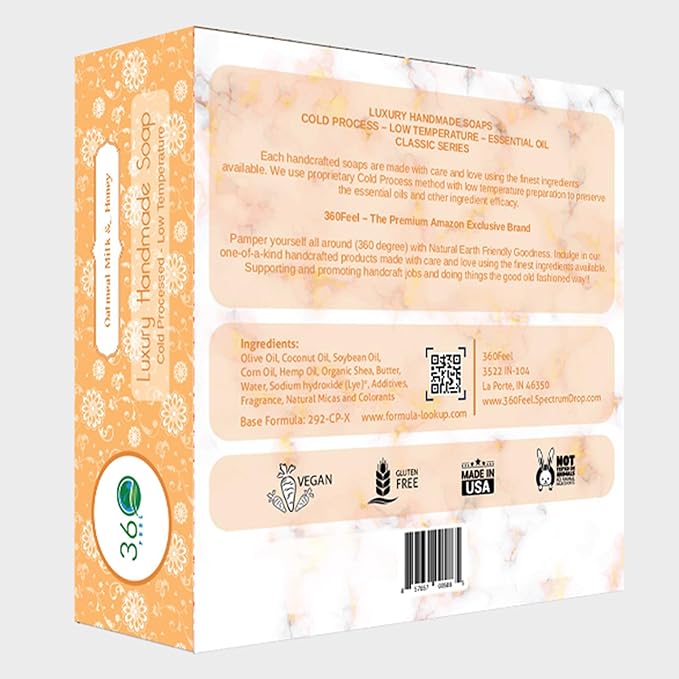 360Feel Oatmeal Milk and Honey Soap - Handcrafted Castile Soap Bar with Soothing Scent - Handmade with Essential Oils - Suitable Gift for Anniversaries, Weddings, and Holiday Stockings - 4 pack