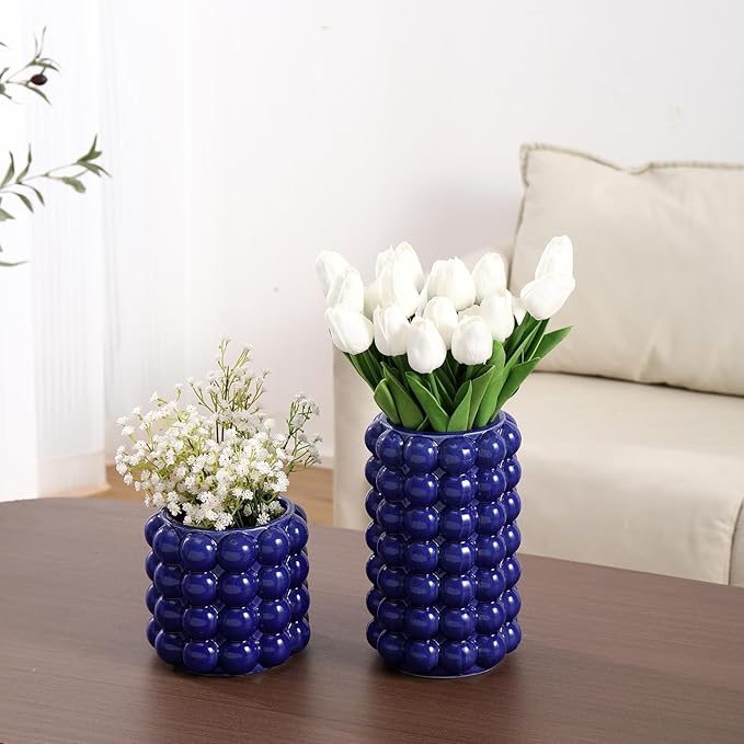 Bubble Vases, Set of 2 Blue Ceramic Vases, Short Vases, Ceramic Flower Vases, Unique Vases, Tall Bubble Vases for Coffe Table Decor, Decorative Vases for Living Room, Dining Table, Wedding