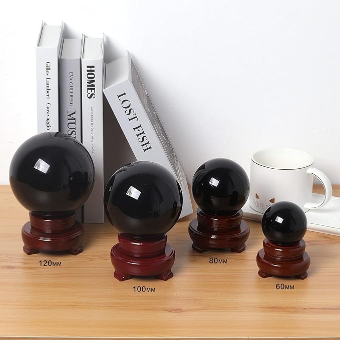 LONGWIN 120mm (4.7 in) Divination Black Crystal Ball Fengshui Sphere Home Decorations Meditation Ornaments with Rotating Wooden Stand