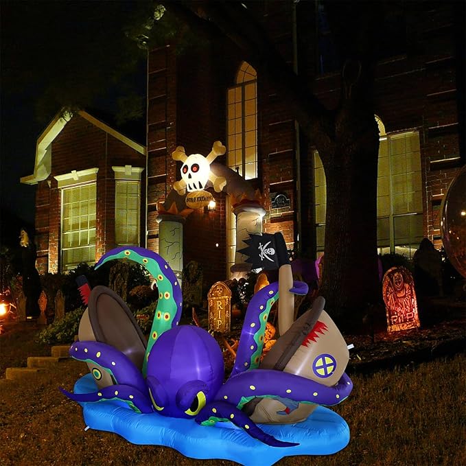 Juegoal Halloween Inflatable Lighted Giant Octopus Attacked Pirate Ship, 7.5FT Long Spooky Purple Octopus & Haunted Ship with Lights, Animated Halloween Yard Prop, Outdoor Garden Lawn Blow up Decor