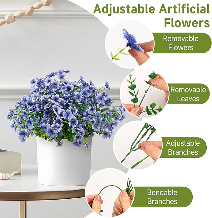 24 Bundles Artificial Flowers for Outdoors Decoration, UV Resistant Silk Violet Faux Colorful Daisy Eucalyptus Spring Fake Plants for Outside Indoor Yard Home Patio Porch Decor, Blue