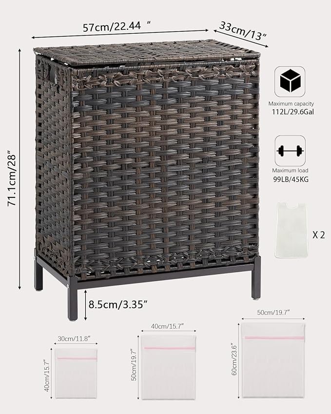 Laundry Hamper with Lid, 112 L Handwoven Rattan Wicker Laundry Basket, 2 Removable Liner Bags Metal Heightened Feet, 6 Mesh Bags, 2 Section Large Clothes Hamper for Bathroom Bedroom, Brown