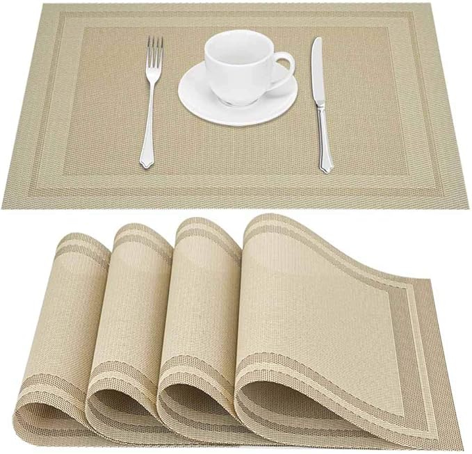 GIVERARE Placemats Set of 4, Heat-Resistant Woven Vinyl Placemat, Non-Slip Washable PVC Table Mat, Easy to Clean Premium Plastic Mats for Dining, Kitchen Table (Beige)