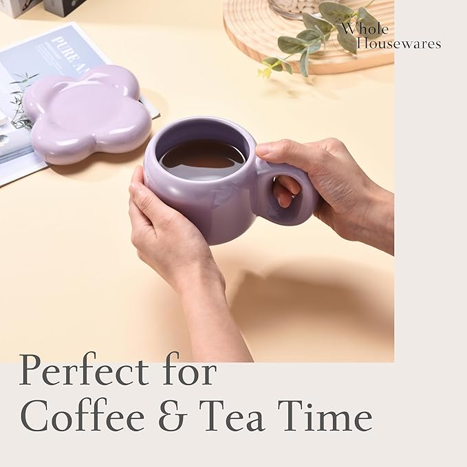 WHOLE HOUSEWARES | 2 Ceramic Coffee Mug - Aesthetic Chubby Cloud Mug - Trendy Cups with Unique Shape - Dishwashe-safe - Compatible For Coffee Or Tea - For Home and Office Use (Purple & Yellow)