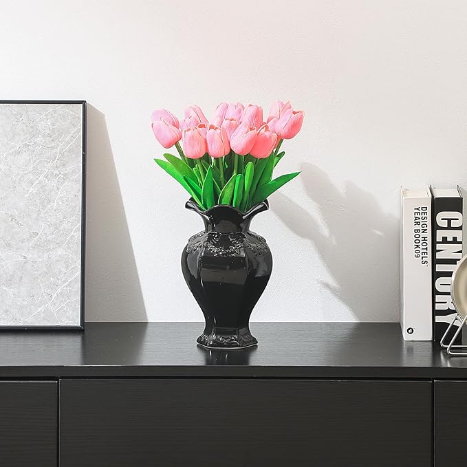 Black Ceramic Vase, Decorative Vase for Modern Home Decor, Farmhouse Minimalist Decor, Boho Flower Vases for Living Room, Bedroom, Kitchen, Dining Table, Office, Wedding, 8.5 Inches