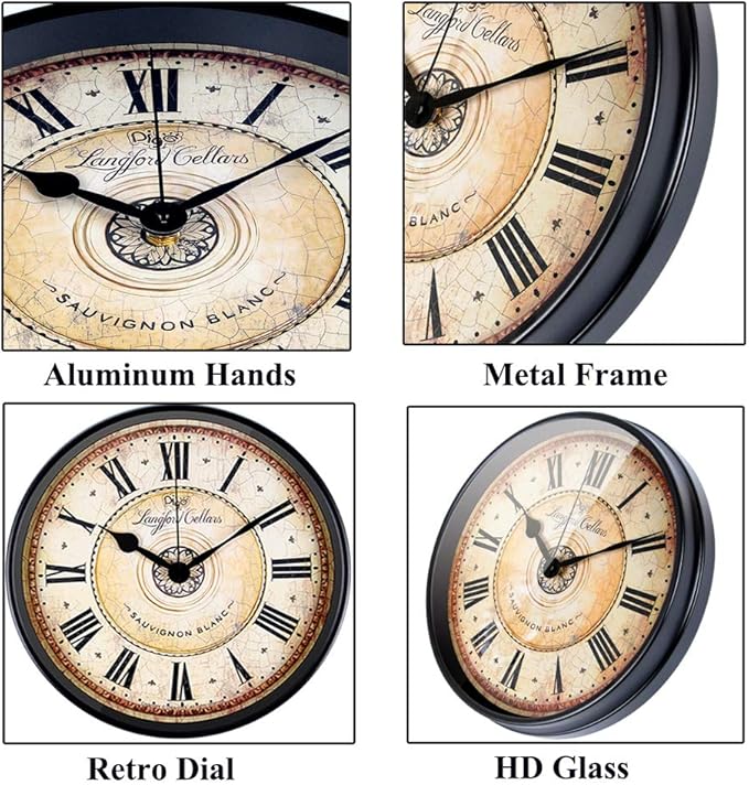 Justup Wall Clock, 12 inch Metal Black Wall Clock European Style Retro Vintage Clock Non - Ticking Whisper Quiet Battery Operated with HD Glass Easy to Read for Indoor Decor (Black 12')