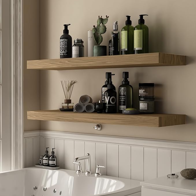 Floating Shelves for Wall - 32 x 9 Inch Natural Wood Shelves for Bathroom, Bedroom, Kitchen Decor, Farmhouse Decor Set of 2, Natural Wood