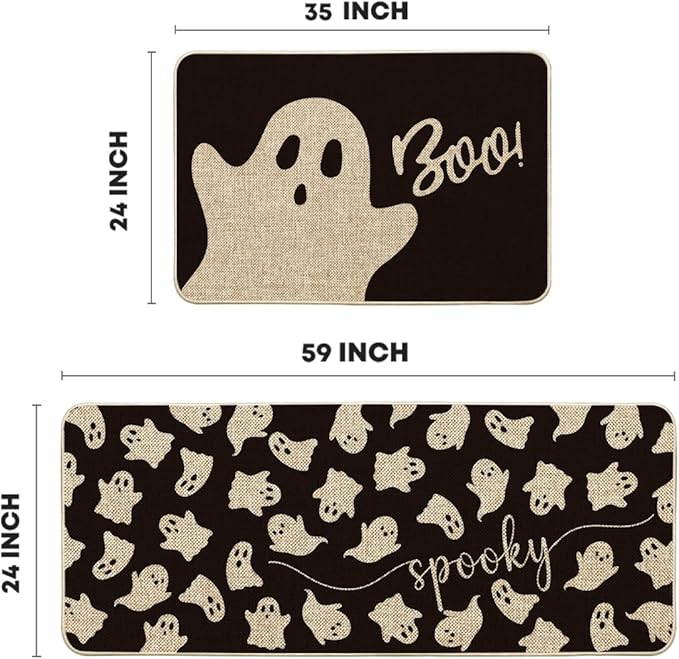Artoid Mode Spooky Ghosts Boo Halloween Kitchen Mats Set of 2, Black Home Decor Low-Profile Kitchen Rugs for Floor - 24x35 and 24x59 Inch