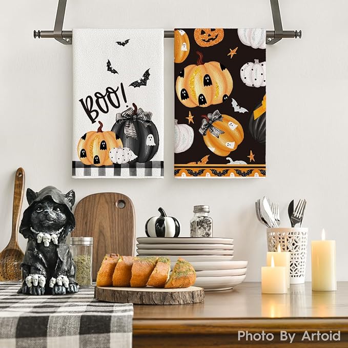 Artoid Mode Black Pumpkins Ghost Boo Happy Halloween Kitchen Towels Dish Towels, 18x26 Inch Trick Or Treat Decoration Hand Towels Set of 4