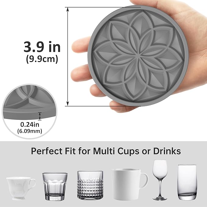 HFHOME Silicone Coasters Set, 4 Pcs Drink Coasters for Coffee Table, Bar Tabletop Protection - Dark Gray