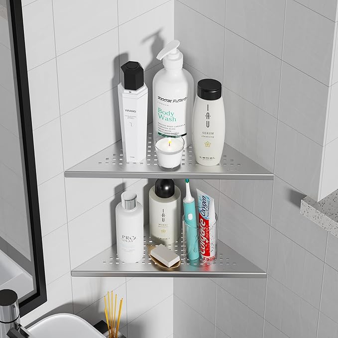 Corner Shower Shelves, 10” Recessed Tile Shower Shelf Brushed Nickel, 304 Stainless Steel Grout in Corner Tile Bathroom Shelves, No Drilling, 2 Pack