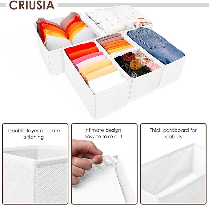 Criusia 6 Pack Clothes Drawer Organizer, Fabric Foldable Closet Dresser Drawer Organizer for Clothing, Bra Sock Underwear Drawer Organizer for Nursery Dorm Bedroom Organization (6 Bins, White)